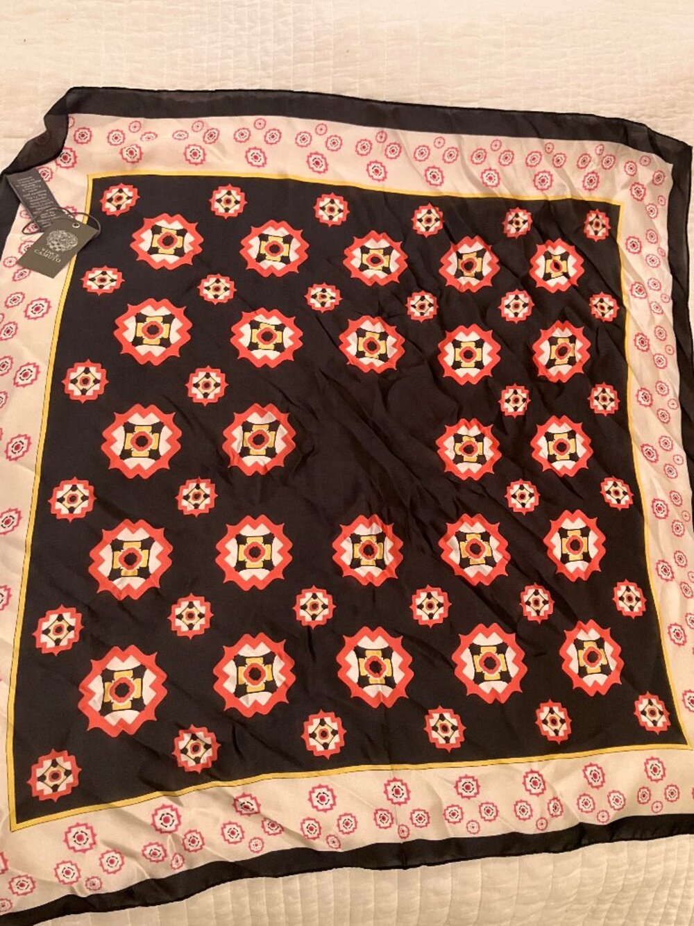 Vince Camuto Silky Square Blanket Scarf 27"×27"- Orange Black and Cream Pattern